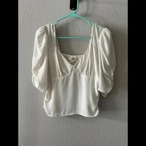 OPEN EDIT White/Ivory Shirred Puff Sleeve Top | Size M